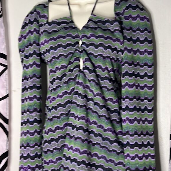 Vintage 90s Zara Green Purple Metallic Geo Striped Cutout Mini Dress Size M - Picture 6 of 11